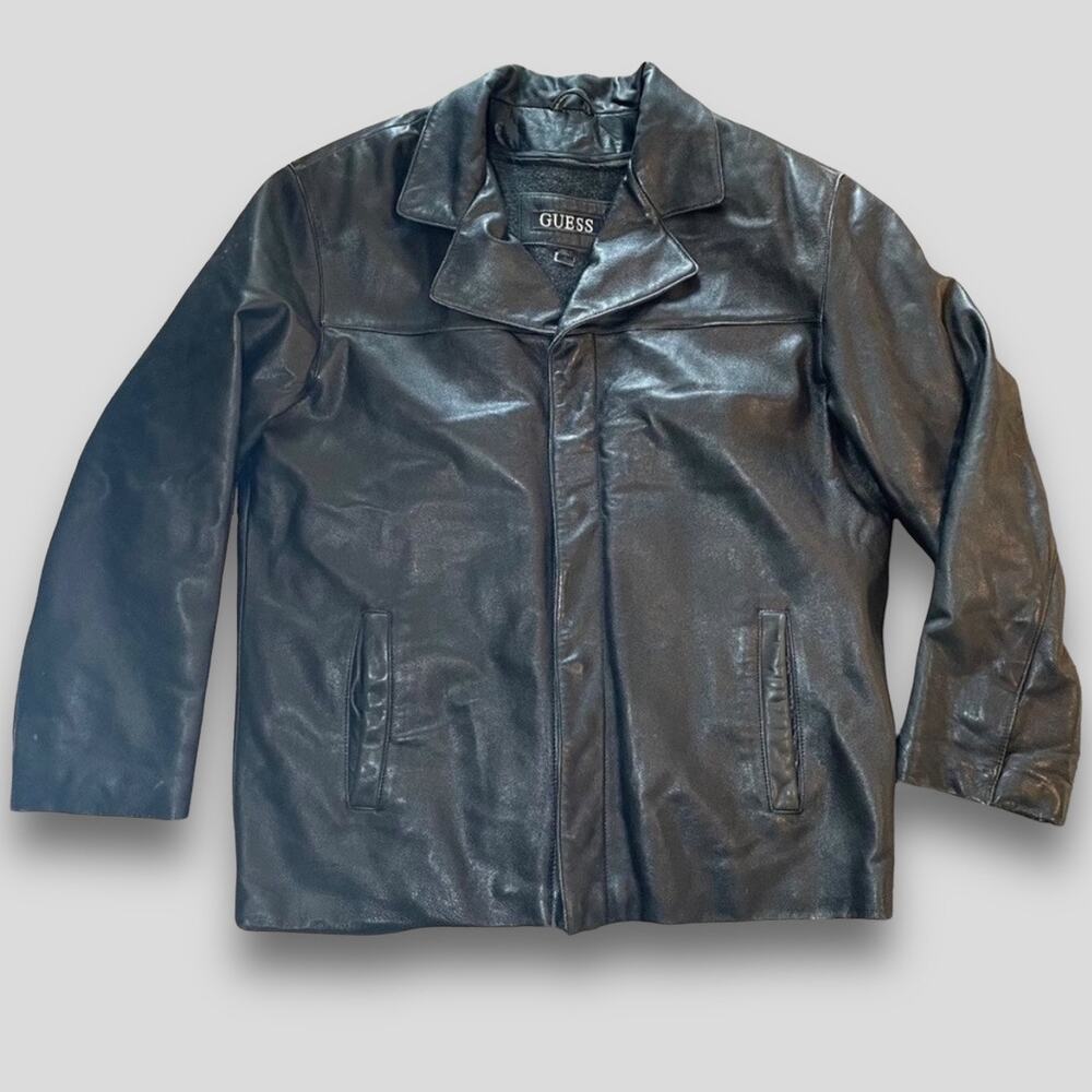 VINTAGE GUESS LEATHER REMOVABLE LINING CASUAL 90s MOB COAT BLACK M